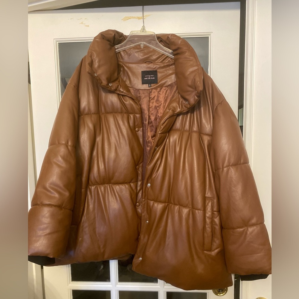 Avec Les Filles Oversized Faux Leather Puffer - Cognac 3x